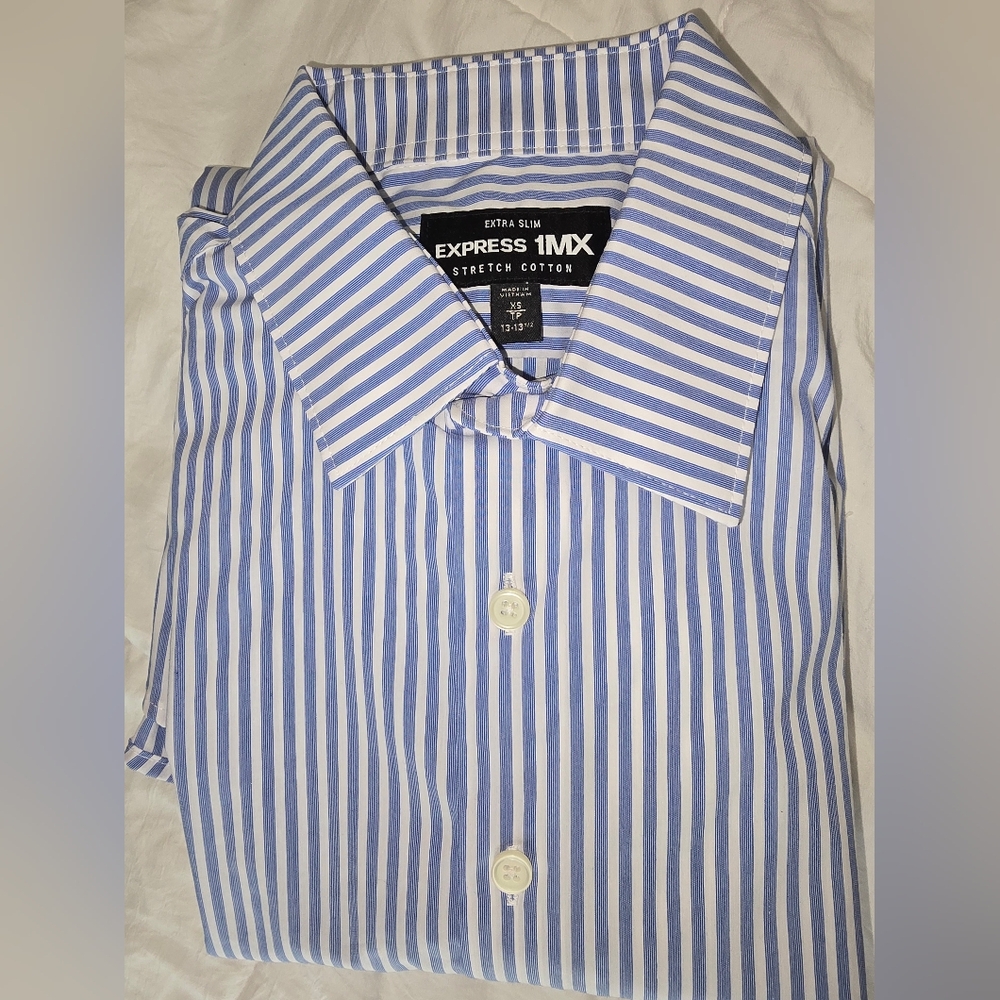 Express Blue and White Casual Button Down Shirt